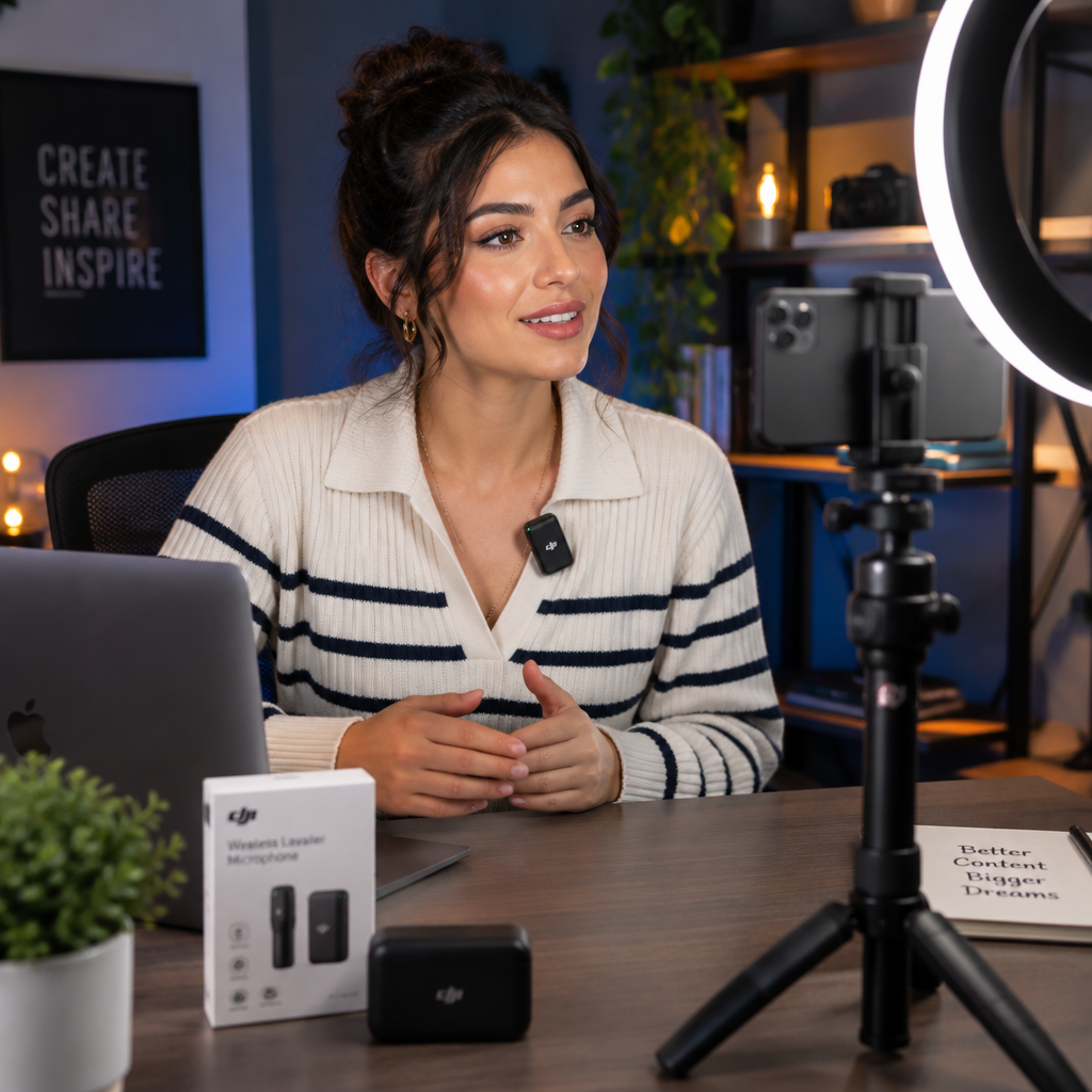 Content creator wearing wireless lavalier microphone at desk setup with ring light and phone on tripod